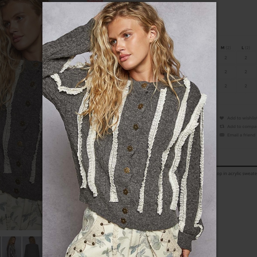 POL Gray Button Up Sweater with Cream Trim